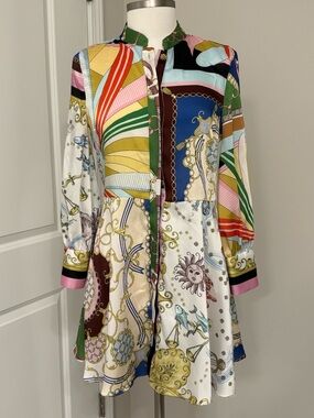 ZARA Long Sleeve Scarf Multi-print Multi-Color Shirt Dress Size XS